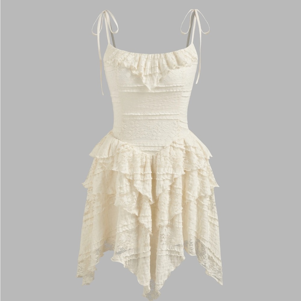 LACE SQUARE NECK LAYERED KNOTTED MINI DRESS